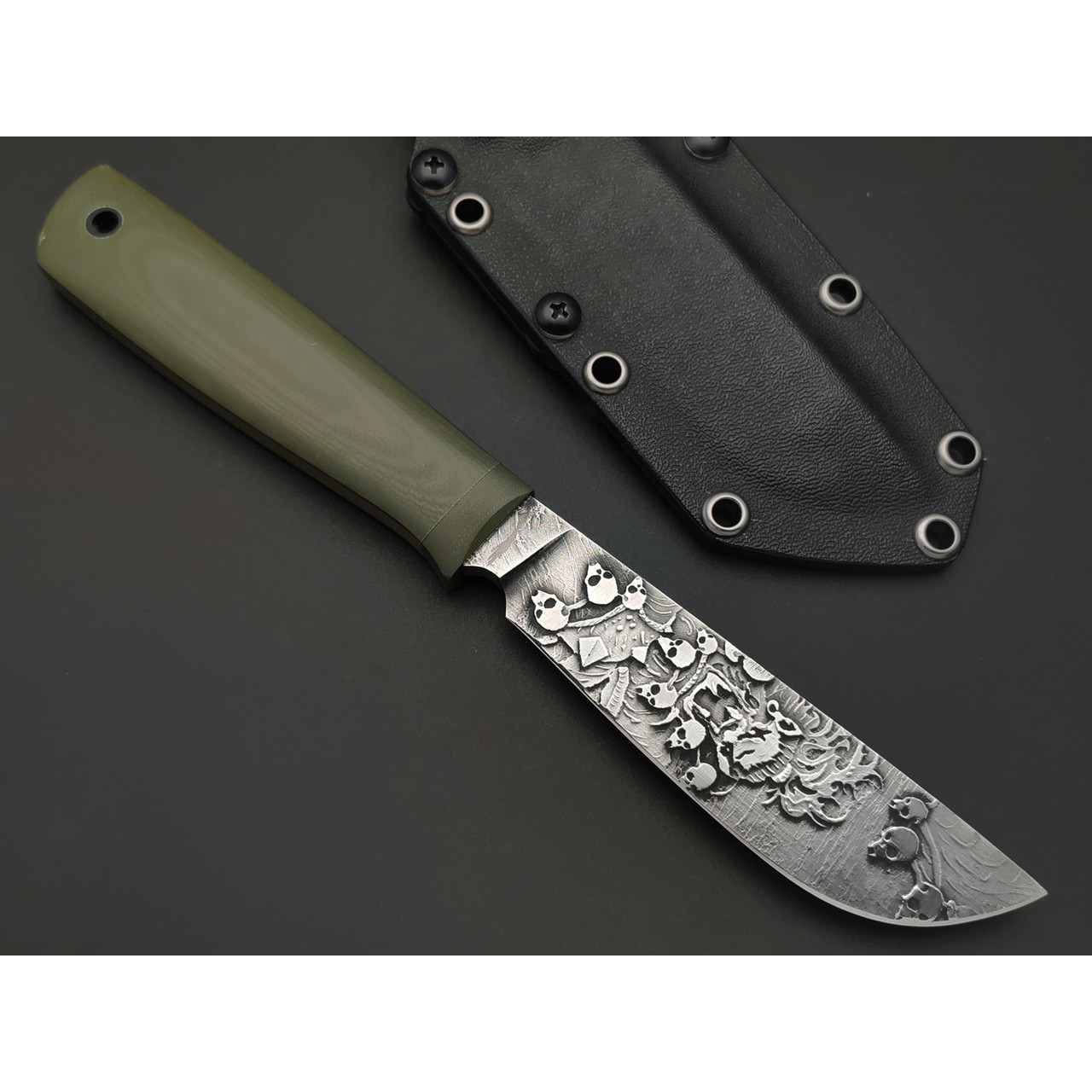 Волчий Век нож Слонёнок Custom Orc Edition сталь 1.4116 WA худ. травление, G10 OD green, пины карбон