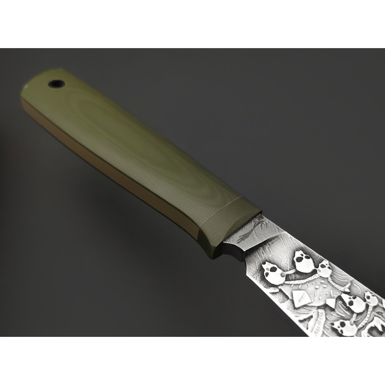Волчий Век нож Слонёнок Custom Orc Edition сталь 1.4116 WA худ. травление, G10 OD green, пины карбон
