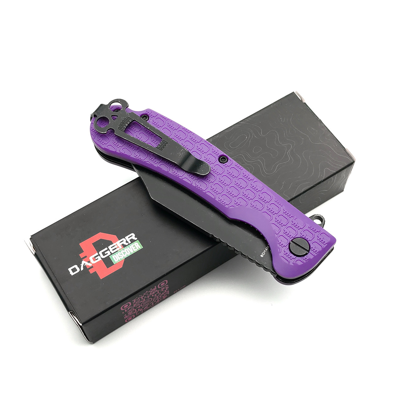 Daggerr нож Powie Purple BW DL сталь 8Cr14MoV блэквош, рукоять FRN purple