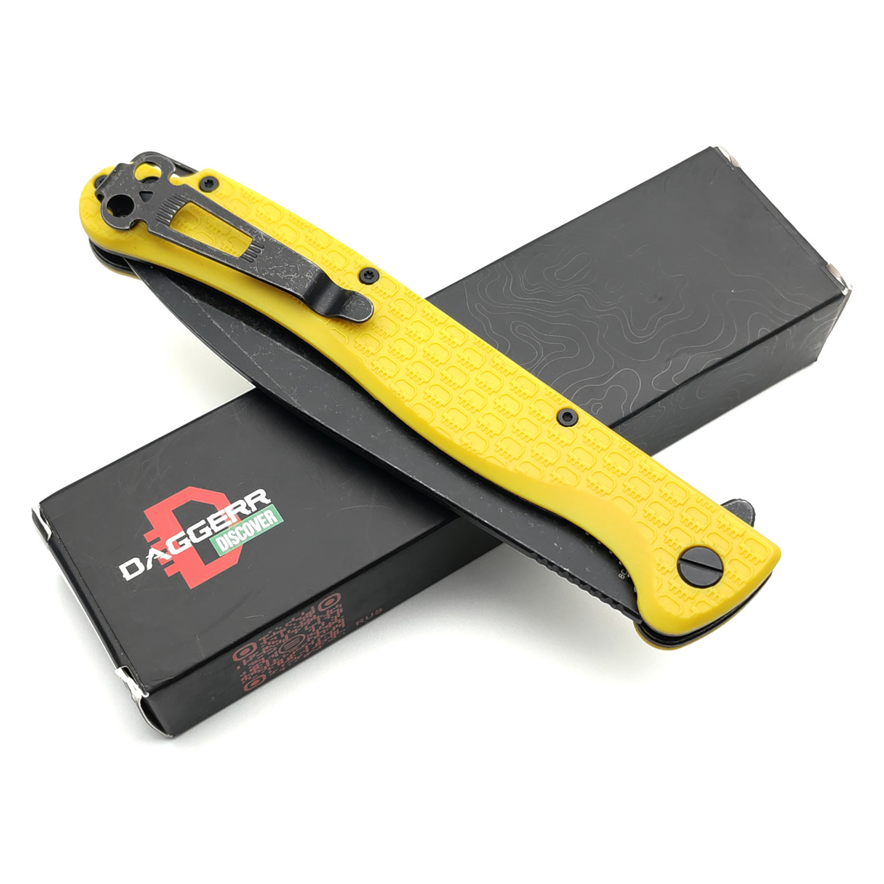 Daggerr нож Finka Yellow BW DL сталь 8Cr14MoV блэквош, рукоять FRN yellow