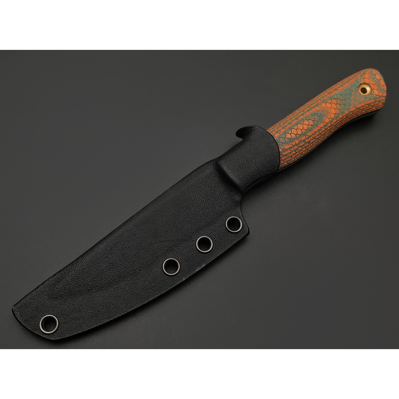 BRK нож Бушкрафт сталь N690 satin, спуски конвекс, рукоять G10 orange & green, насечка