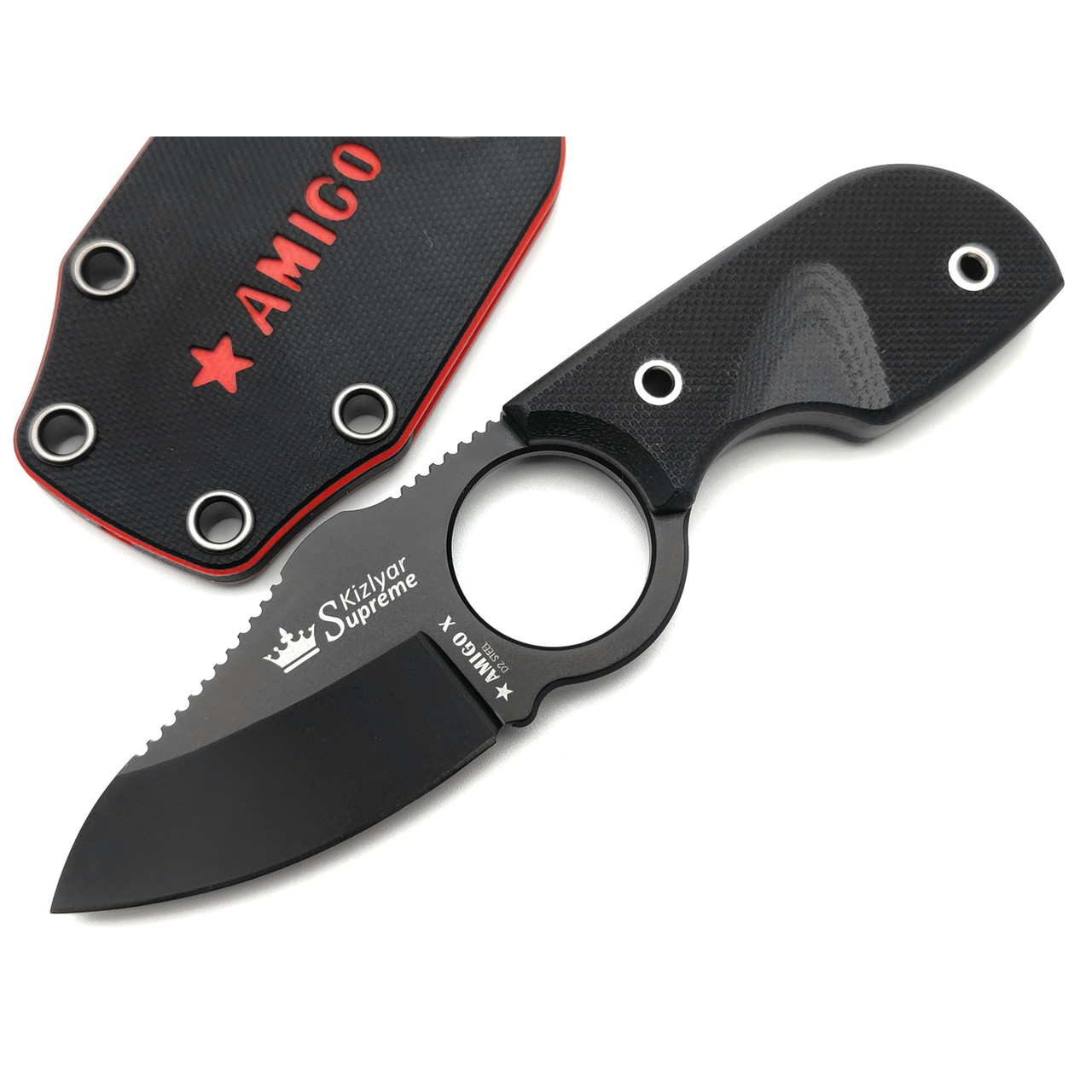 Kizlyar Supreme шейный нож Amigo X сталь D2 black titanium, рукоять G10 black, ножны G10