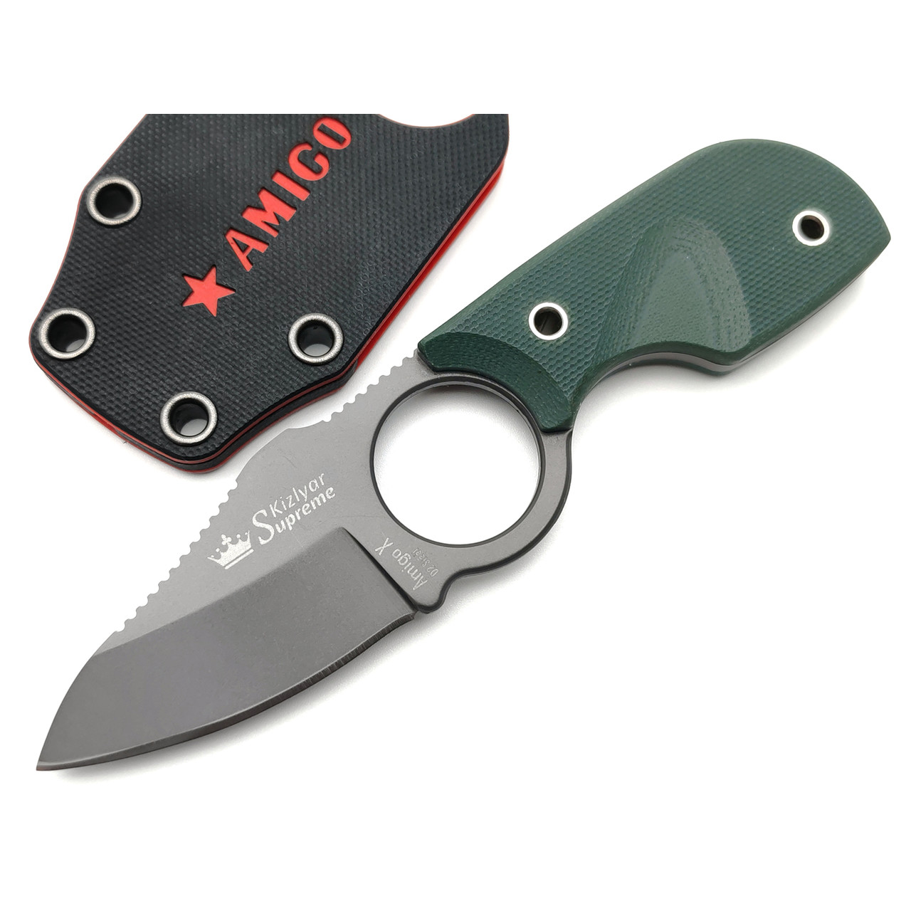 Kizlyar Supreme шейный нож Amigo X сталь D2 gray titanium, рукоять G10 green, ножны G10