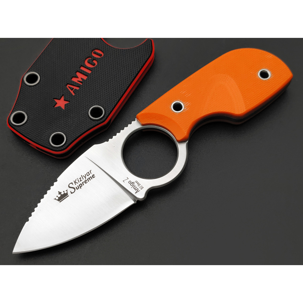 Kizlyar Supreme шейный нож Amigo Z сталь D2 satin, рукоять G10 orange, ножны G10