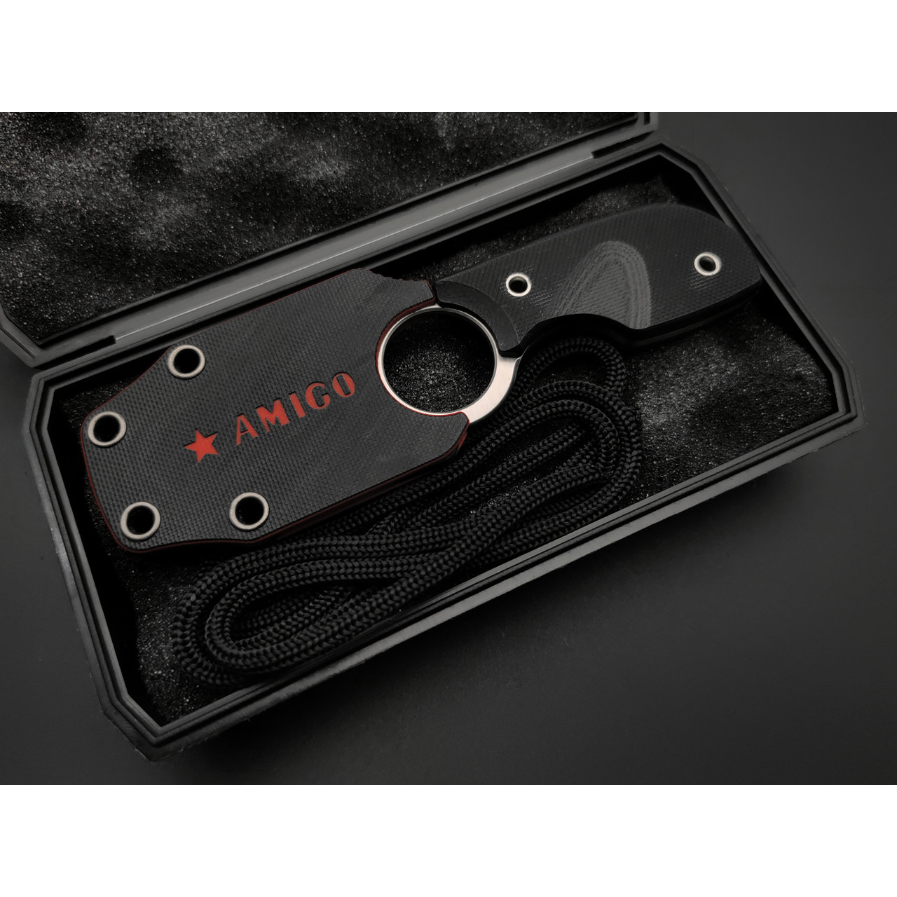 Kizlyar Supreme шейный нож Amigo X сталь D2 satin, рукоять G10 black, ножны G10