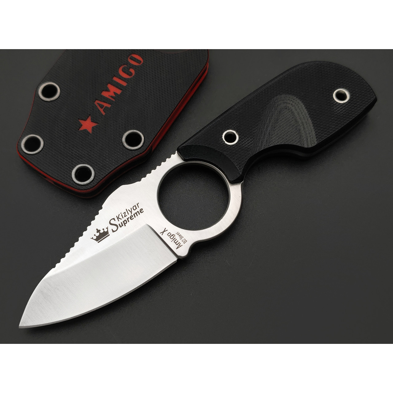Kizlyar Supreme шейный нож Amigo X сталь D2 satin, рукоять G10 black, ножны G10