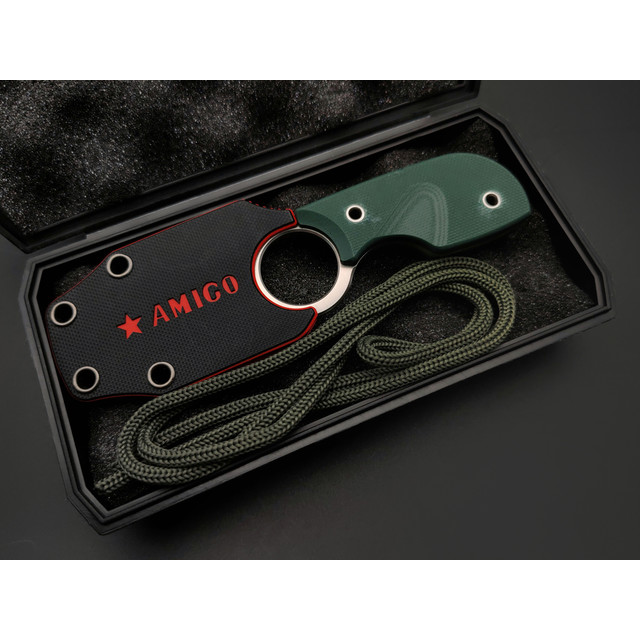 Kizlyar Supreme шейный нож Amigo X сталь D2 satin, рукоять G10 green, ножны G10