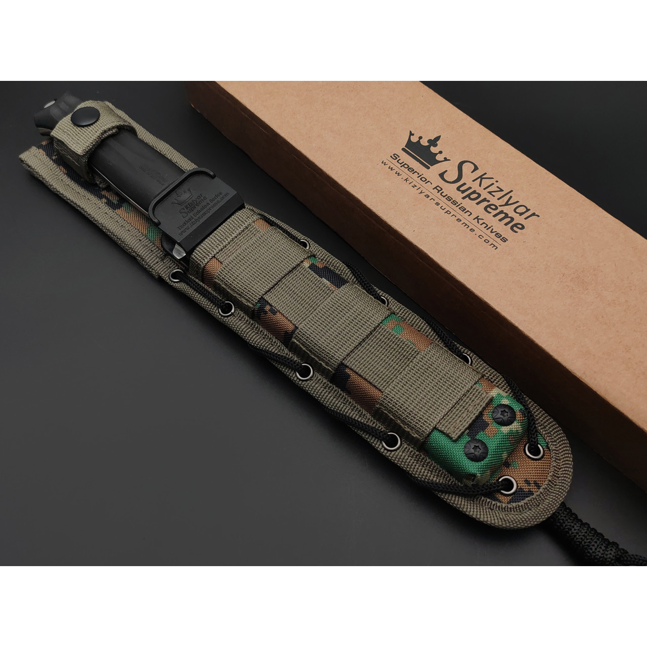 Kizlyar Supreme тактический нож Aggressor сталь D2 стоунвош, рукоять Kraton black, ножны Molle camo