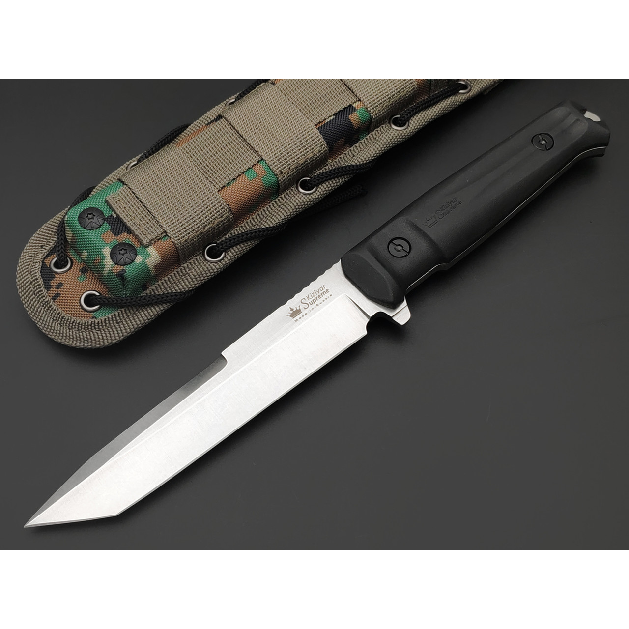 Kizlyar Supreme тактический нож Aggressor сталь D2 стоунвош, рукоять Kraton black, ножны Molle camo