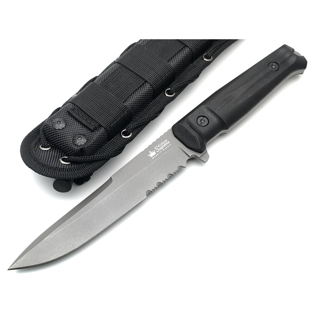 Kizlyar Supreme тактический нож Alpha Serrated сталь D2 TacWash, рукоять Kraton black, ножны Molle black