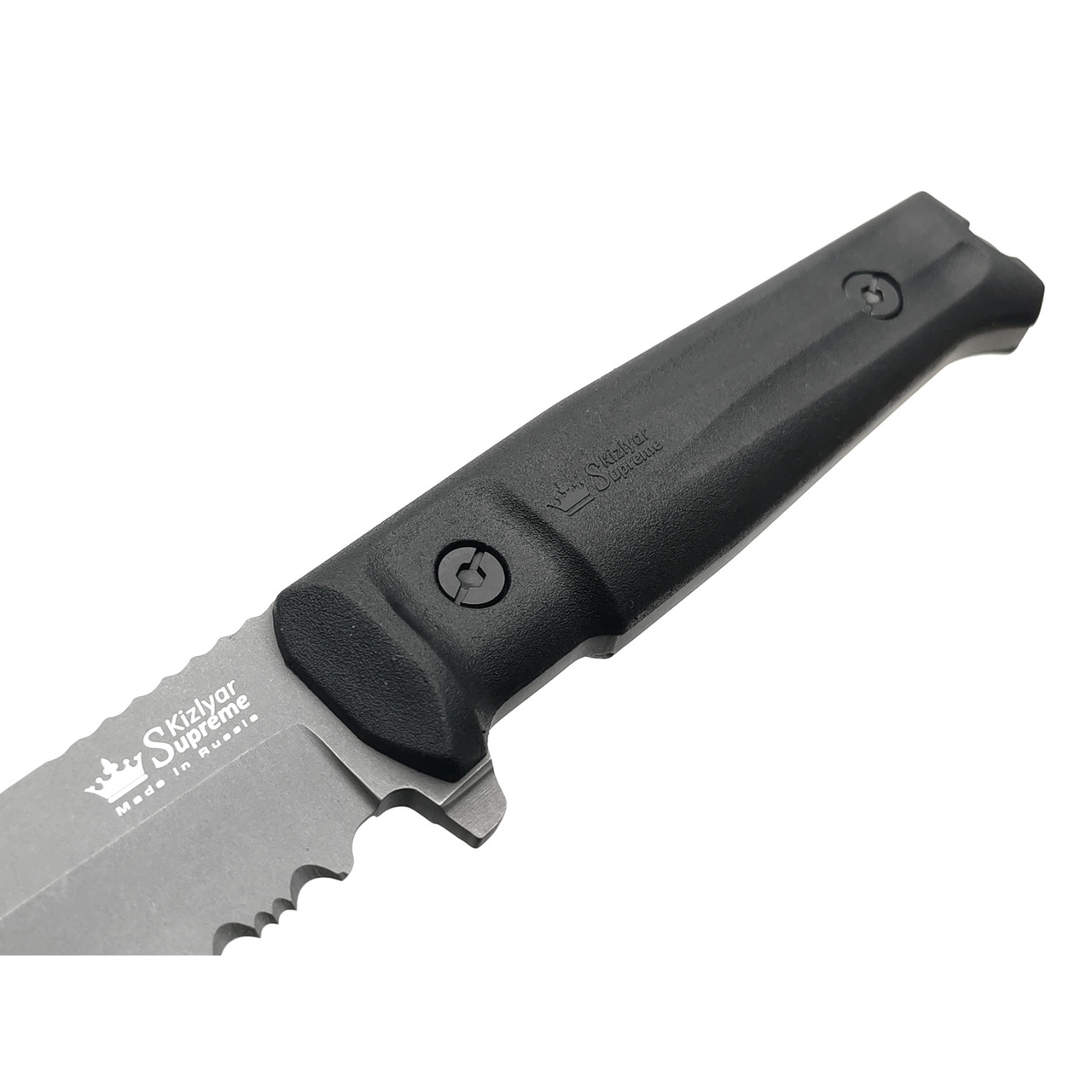 Kizlyar Supreme тактический нож Alpha Serrated сталь D2 TacWash, рукоять Kraton black, ножны Molle black