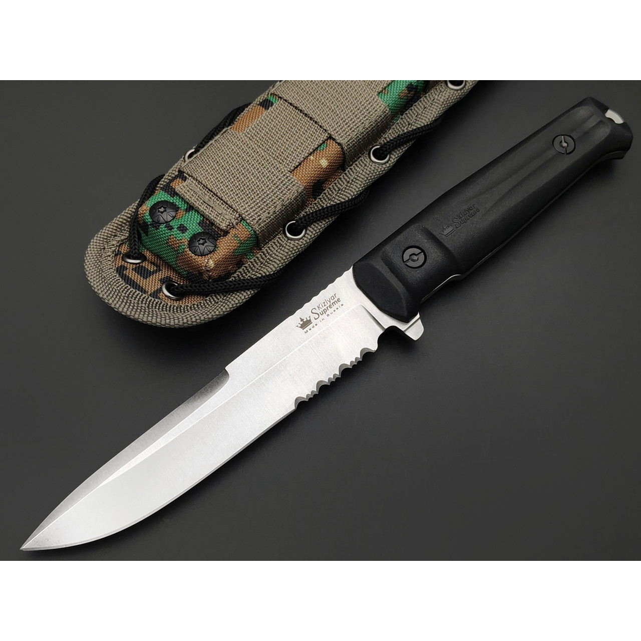 Kizlyar Supreme тактический нож Alpha Serrated сталь D2 стоунвош, рукоять Kraton black, ножны Molle camo