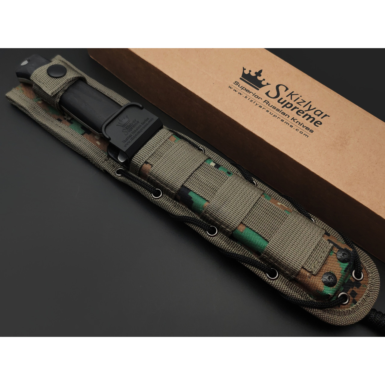 Kizlyar Supreme тактический нож Trident сталь Aus-8 стоунвош, рукоять G10 black, ножны Molle camo