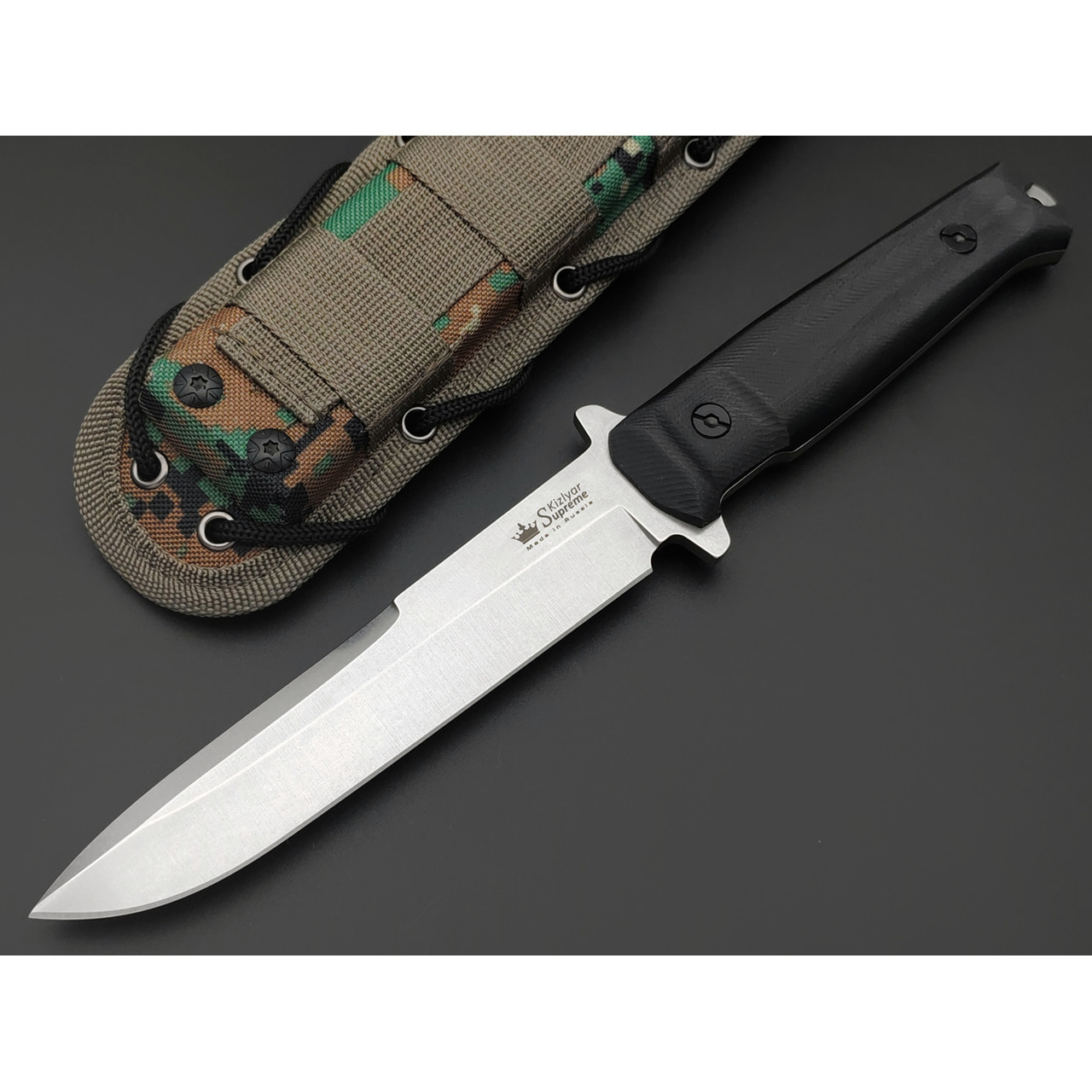 Kizlyar Supreme тактический нож Trident сталь Aus-8 стоунвош, рукоять G10 black, ножны Molle camo