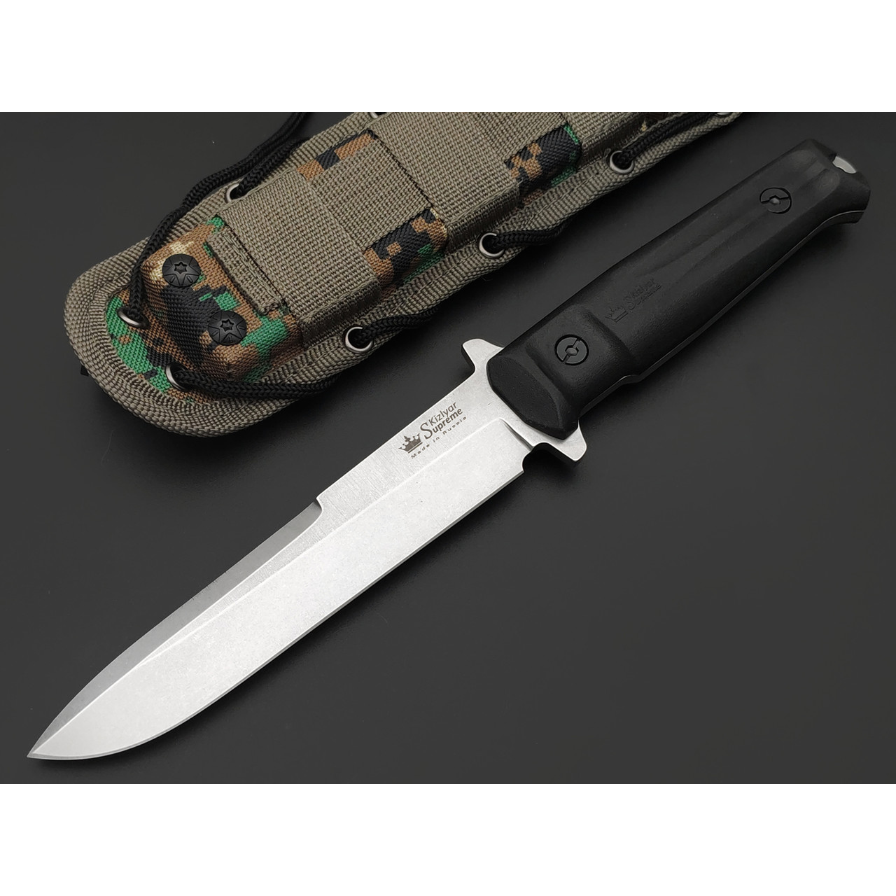 Kizlyar Supreme тактический нож Trident сталь Aus-8 стоунвош, рукоять Kraton black, ножны Molle camo