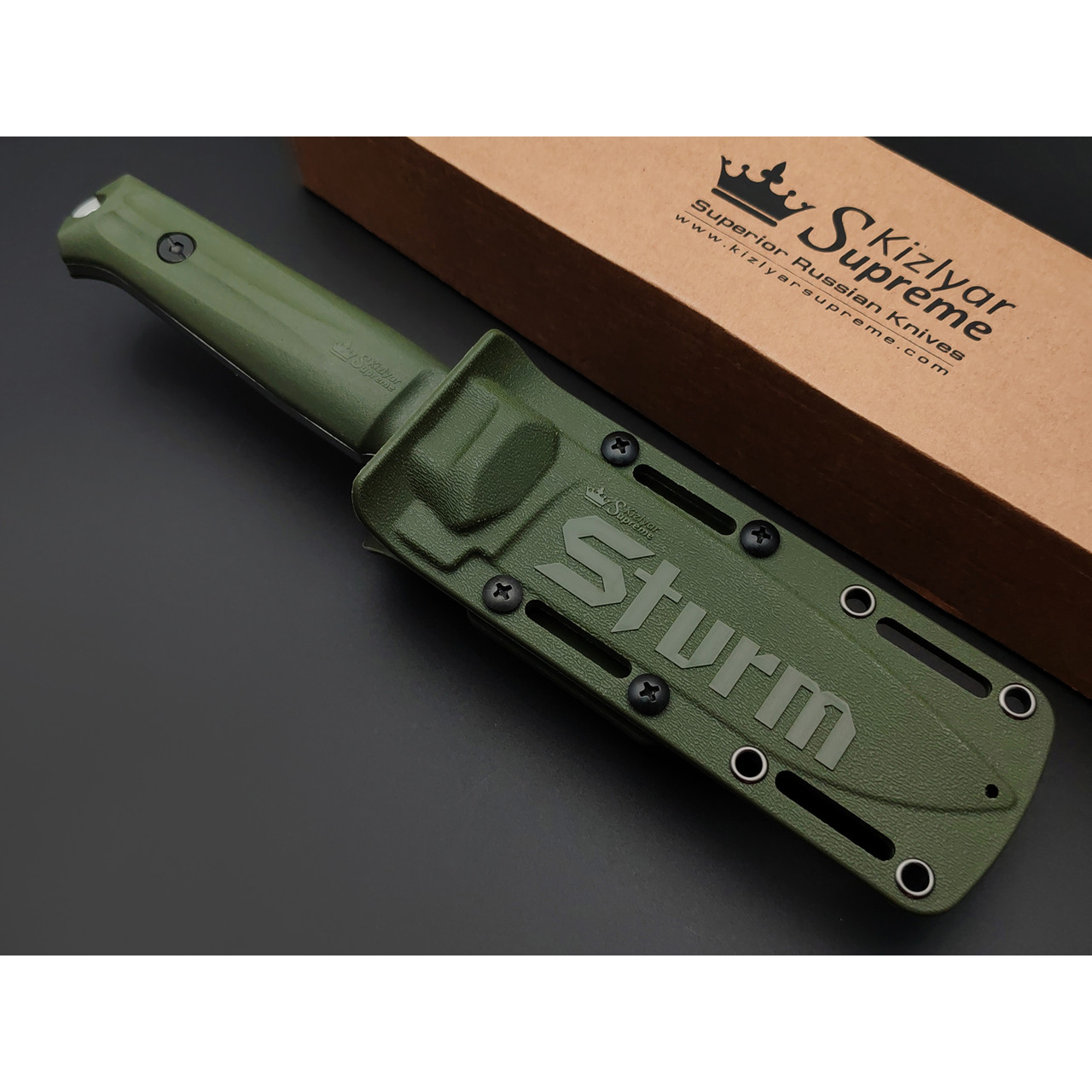 Kizlyar Supreme тактический нож Sturm сталь Aus-8 стоунвош, рукоять Kraton olive, ножны Polyamide