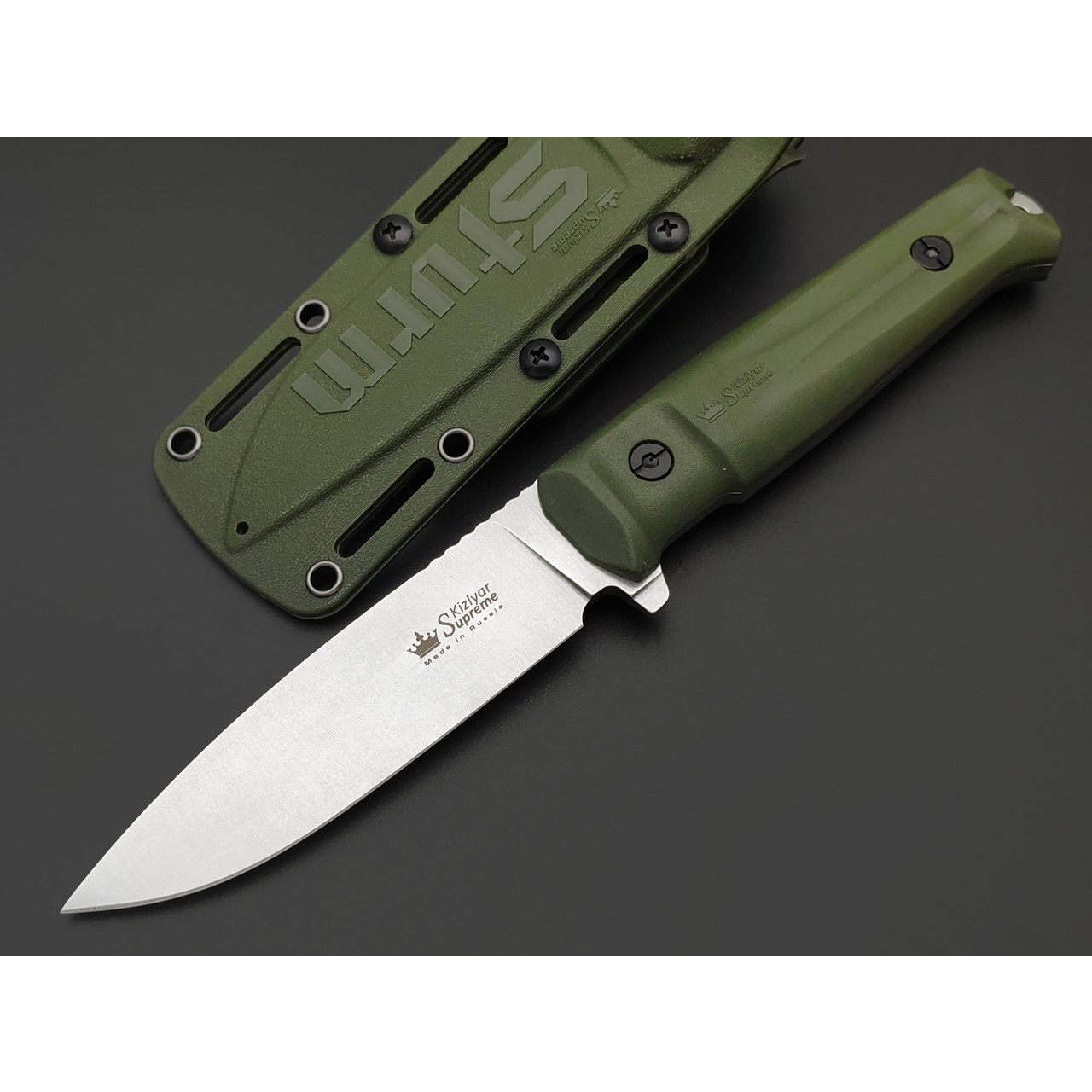 Kizlyar Supreme тактический нож Sturm сталь Aus-8 стоунвош, рукоять Kraton olive, ножны Polyamide