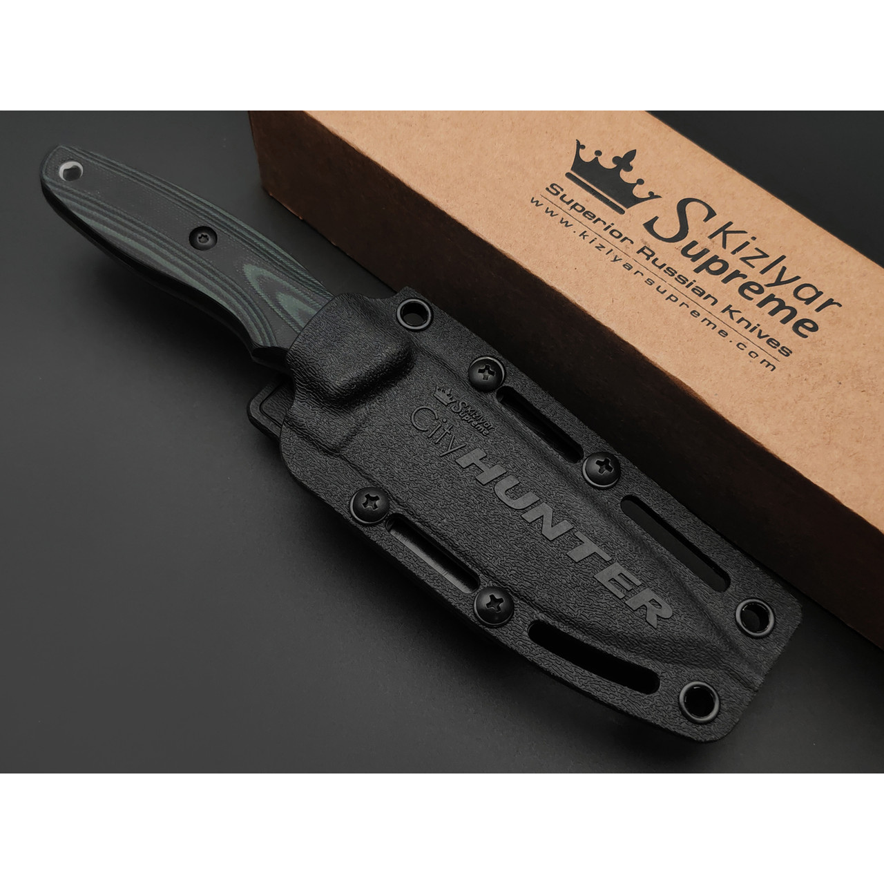 Kizlyar Supreme туристический нож CityHunter сталь ELMAX стоунвош, рукоять G10 black & green