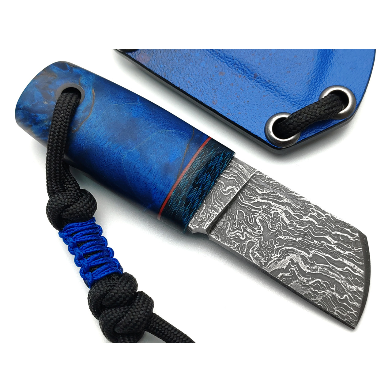 Волчий Век нож Custom EDC сталь CPM Rex 121 WA травление Дамаскаж, рукоять стаб. Карельская берёза, carbon fiber blue