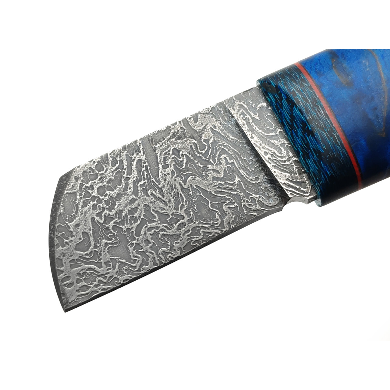 Волчий Век нож Custom EDC сталь CPM Rex 121 WA травление Дамаскаж, рукоять стаб. Карельская берёза, carbon fiber blue