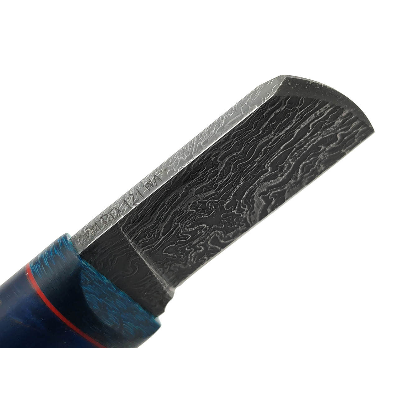Волчий Век нож Custom EDC сталь CPM Rex 121 WA травление Дамаскаж, рукоять стаб. Карельская берёза, carbon fiber blue