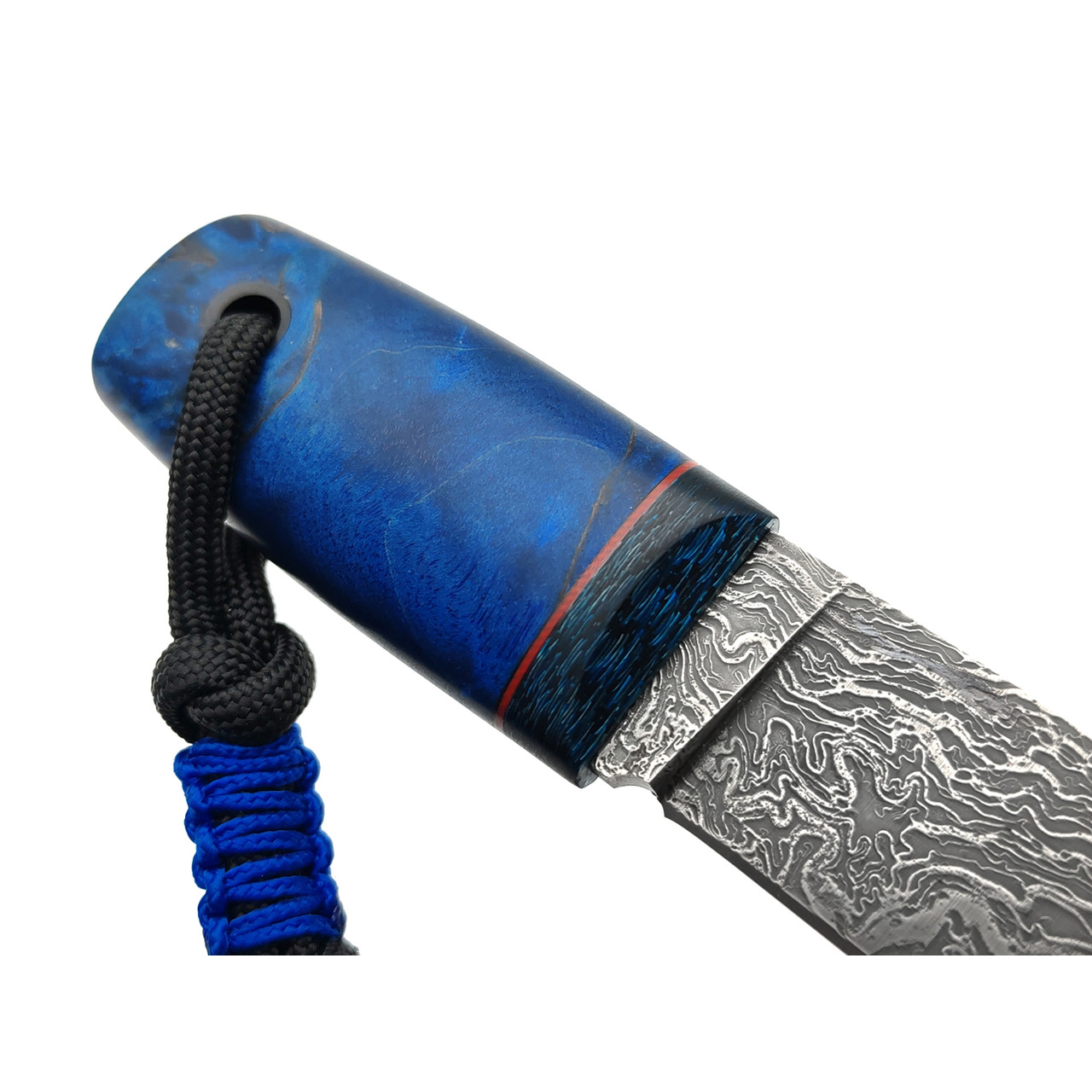 Волчий Век нож Custom EDC сталь CPM Rex 121 WA травление Дамаскаж, рукоять стаб. Карельская берёза, carbon fiber blue