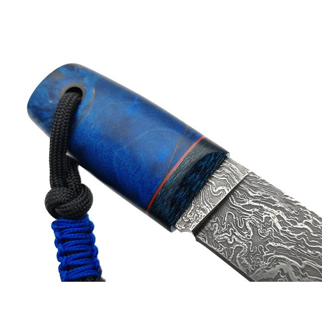 Волчий Век нож Custom EDC сталь CPM Rex 121 WA травление Дамаскаж, рукоять стаб. Карельская берёза, carbon fiber blue