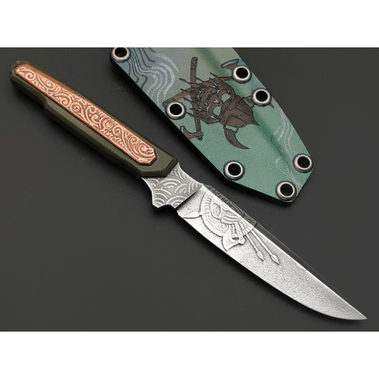 Волчий Век нож Невралгия Малый Custom сталь N690 WA худ. травление, рукоять G10 olive, медь