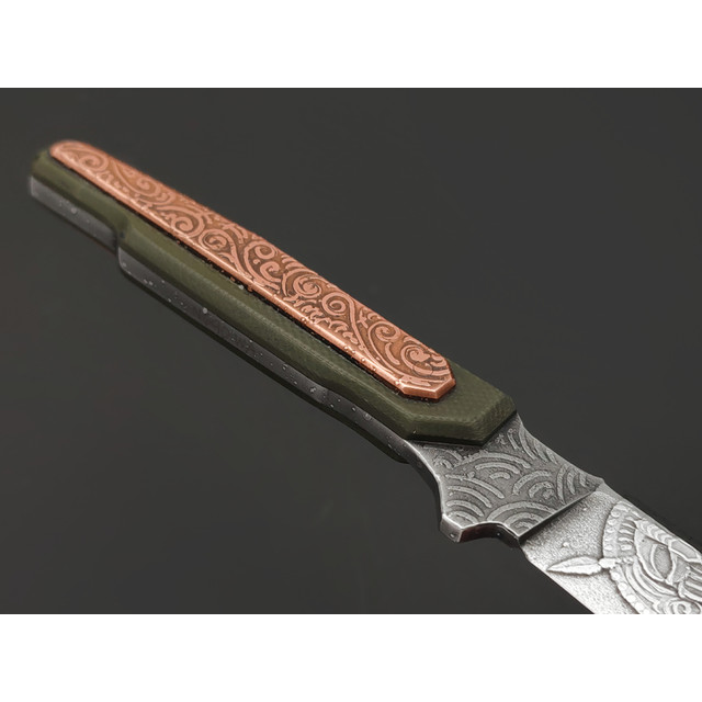 Волчий Век нож Невралгия Малый Custom сталь N690 WA худ. травление, рукоять G10 olive, медь
