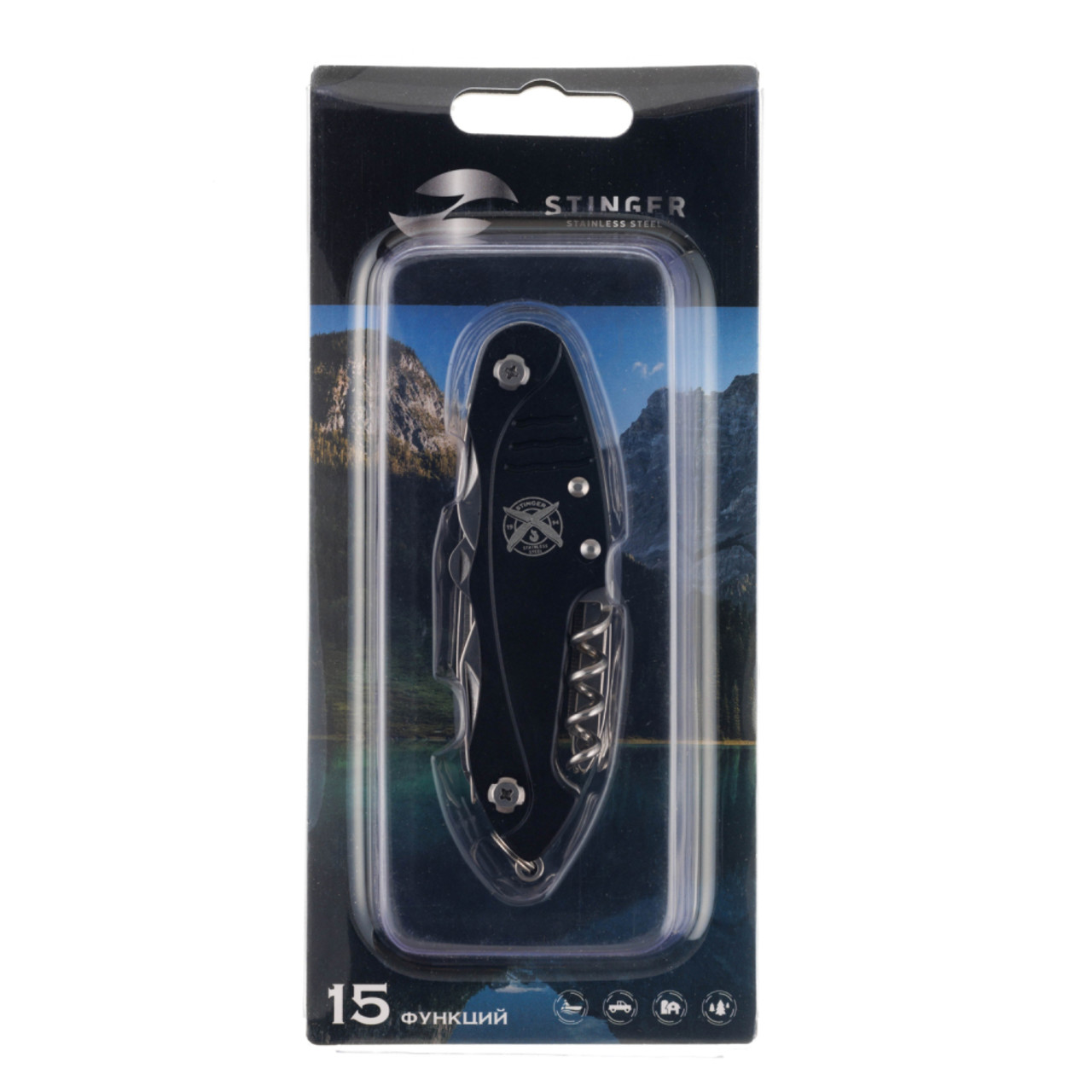 Stinger нож многофункциональный FK-KG5011L2B (15 функций) сталь 420, рукоять Aluminum black, блистер