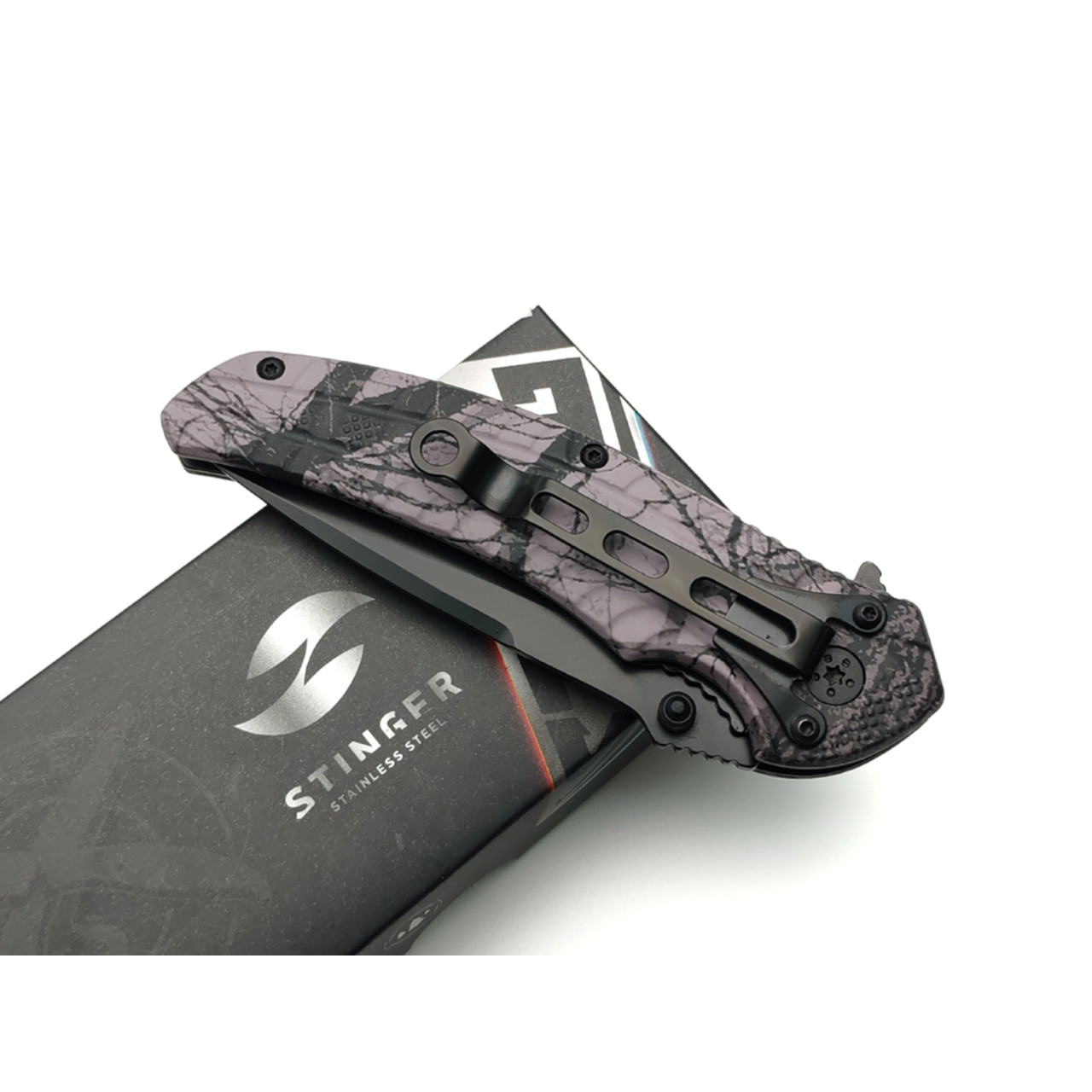 Stinger нож складной FK-019STR-CA сталь 3Cr13 black, рукоять Aluminum grey camo