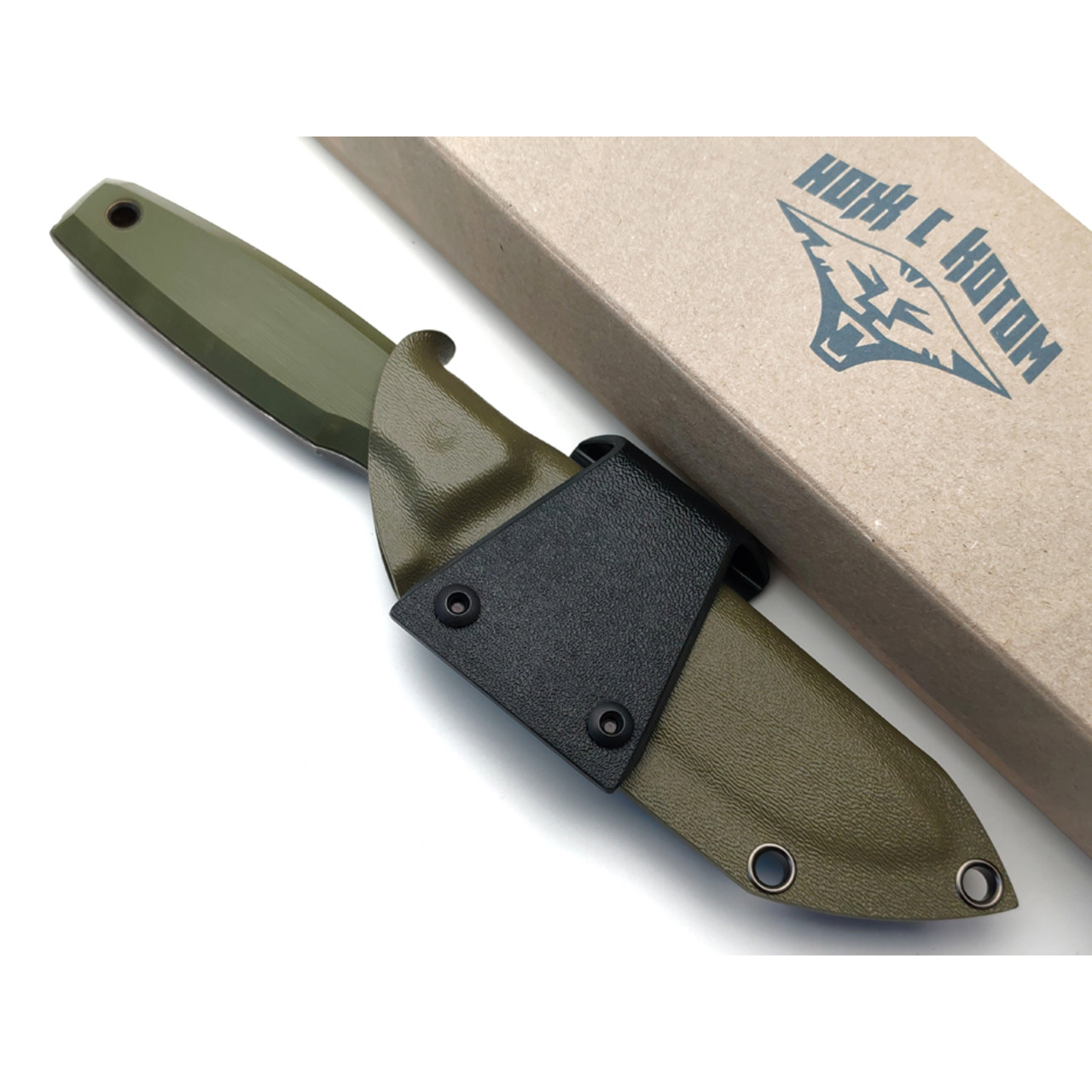 Нож с Котом Тир сталь Aus-10Co блэквош, рукоять G10 olive, Kydex olive & black