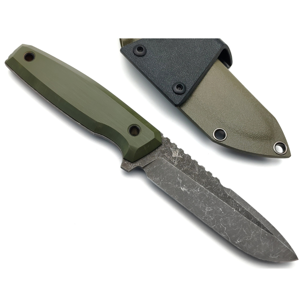 Нож с Котом Тир сталь Aus-10Co блэквош, рукоять G10 olive, Kydex olive & black