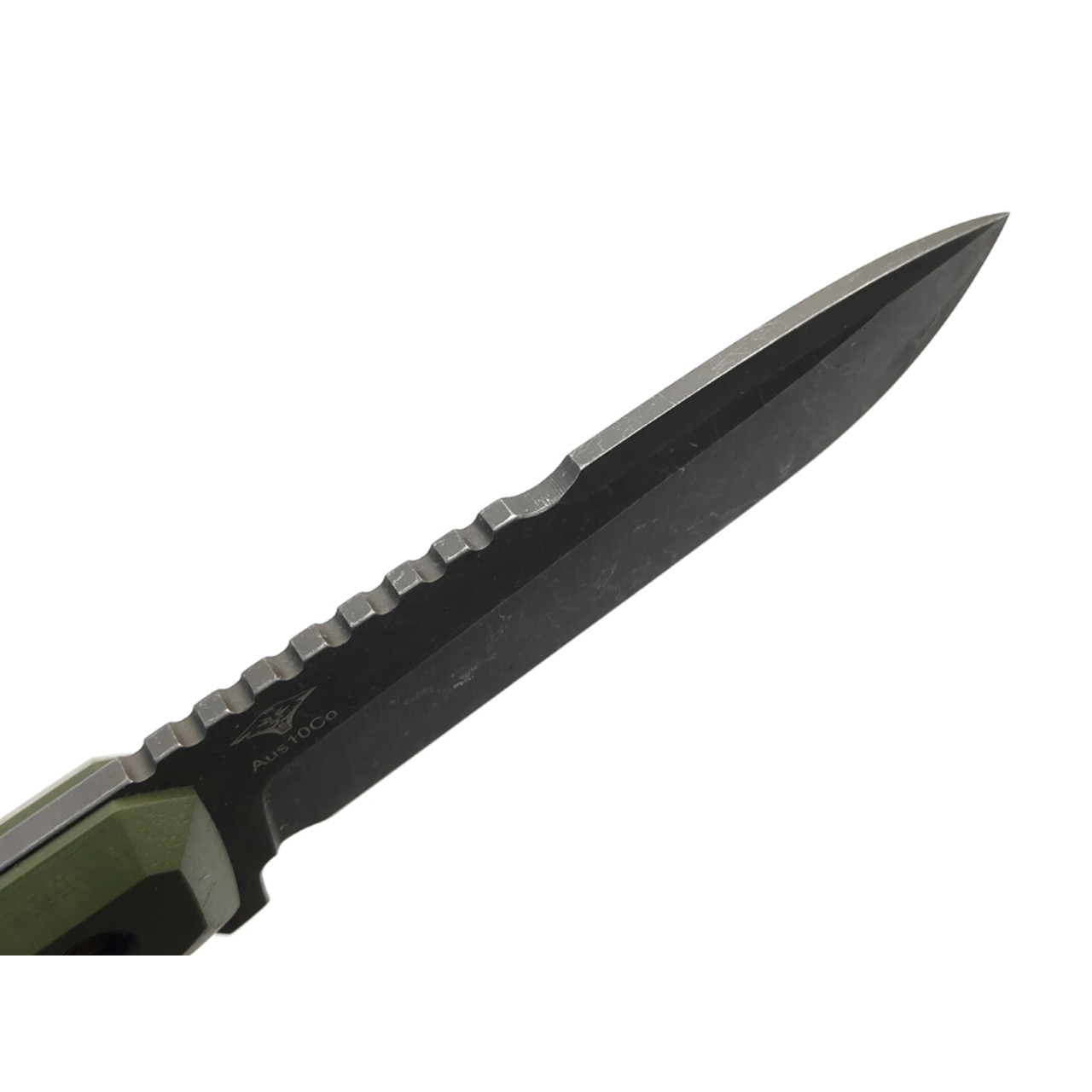 Нож с Котом Тир сталь Aus-10Co блэквош, рукоять G10 olive, Kydex olive & black