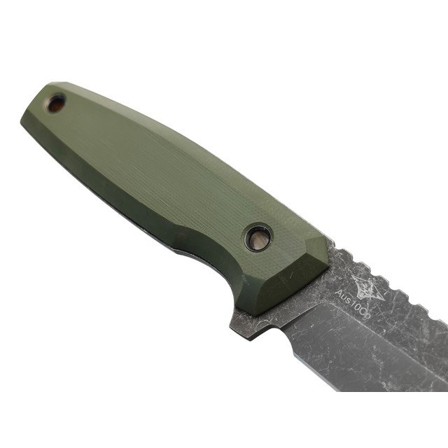 Нож с Котом Тир сталь Aus-10Co блэквош, рукоять G10 olive, Kydex olive & black