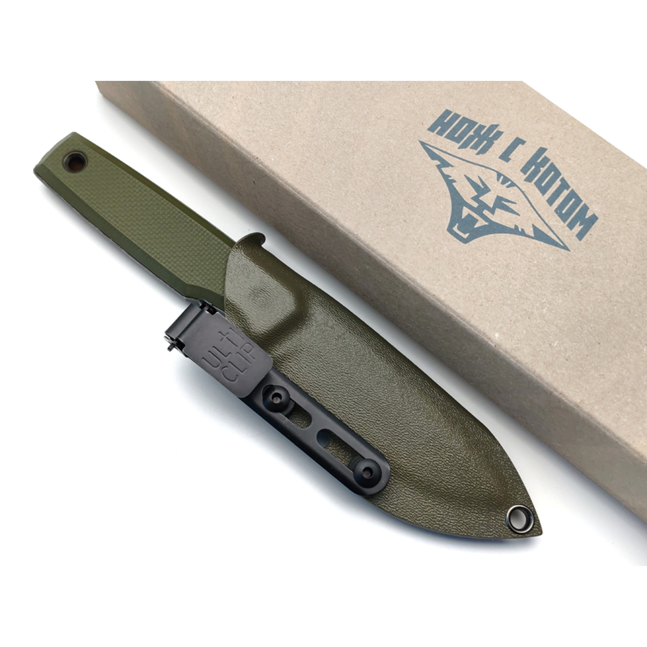 Нож с Котом Жак сталь Aus-10Co блэквош, рукоять G10 olive, Kydex olive