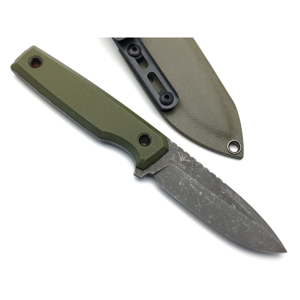Нож с Котом Жак сталь Aus-10Co блэквош, рукоять G10 olive, Kydex olive