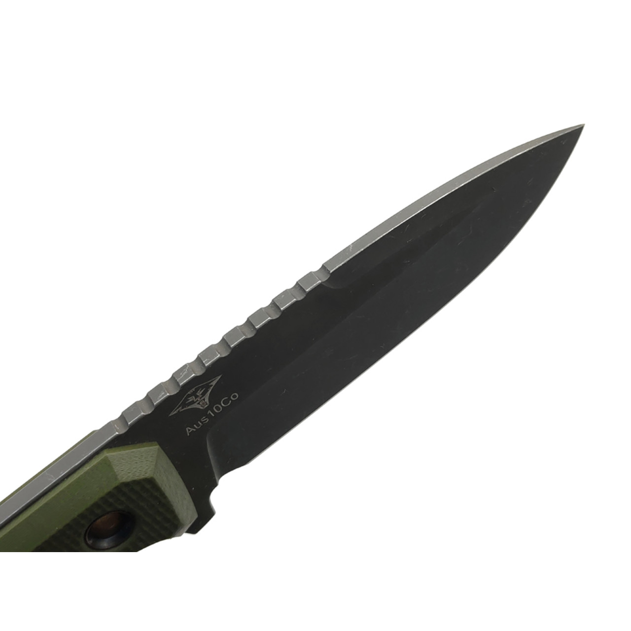Нож с Котом Жак сталь Aus-10Co блэквош, рукоять G10 olive, Kydex olive