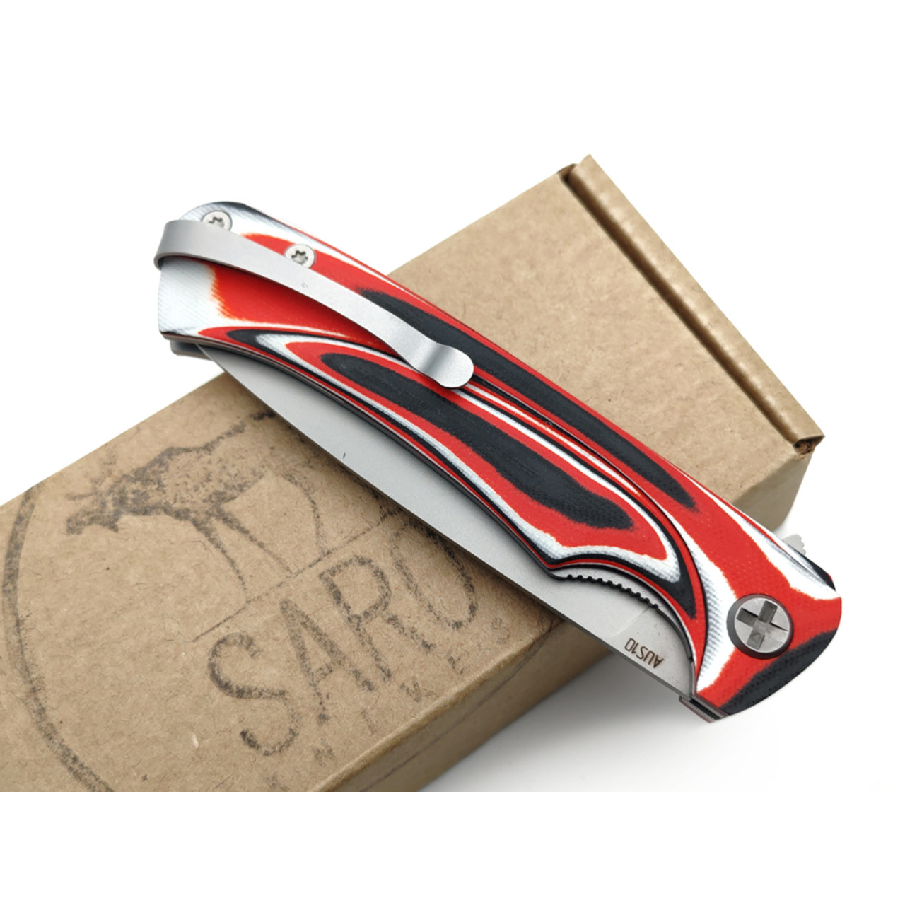 Saro нож Чиж Плюс, сталь Aus-10, рукоять G10 red, black & white