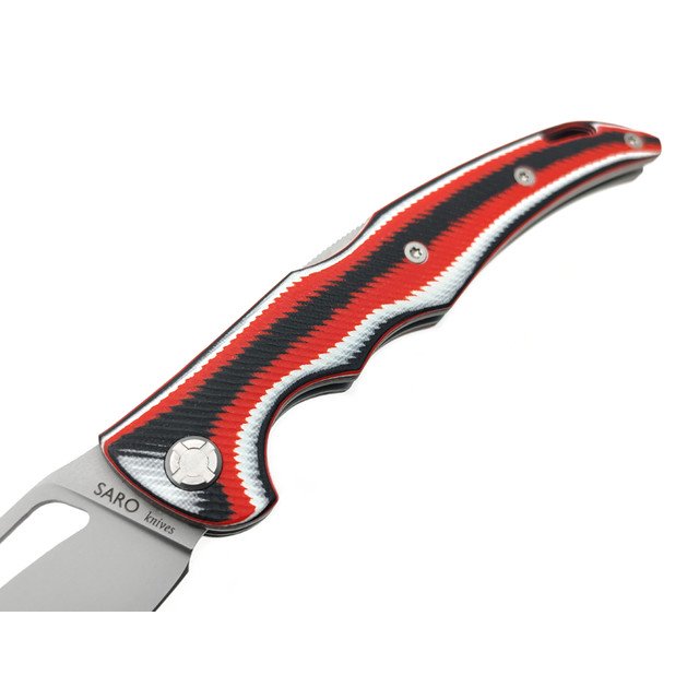 Saro нож Кайман XL сталь K110 bead blast, рукоять G10 red, black & white