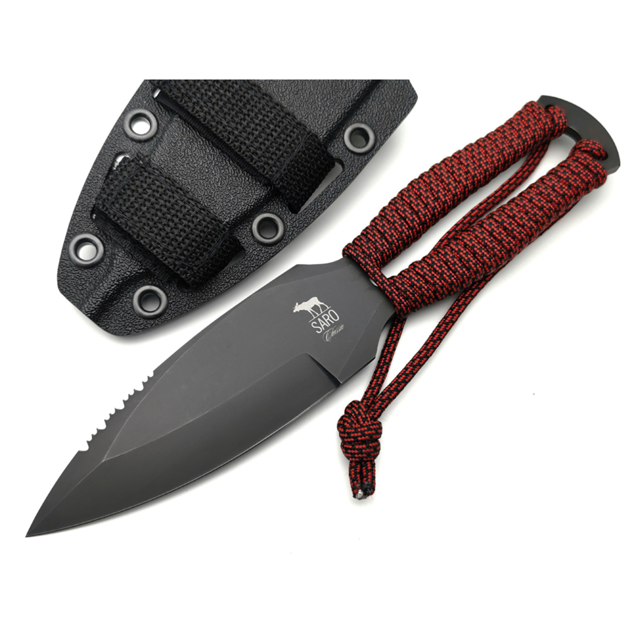 Saro нож Лис 7 сталь 65Г black oxide, рукоять Paracord red chain