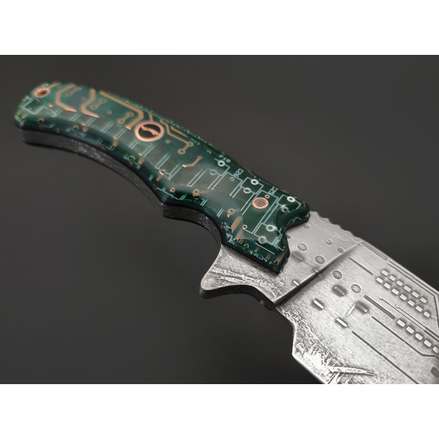 Волчий Век нож Команданте Большой Custom "Киберпанк" сталь 95Х18 WA худ. травление, рукоять авторский композит, медь