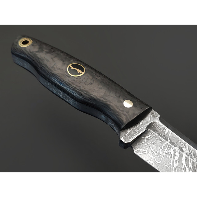 Волчий Век нож Mark-II Малый Custom сталь 1.4116 WA травление дамаскаж, рукоять Carbon fiber, латунь
