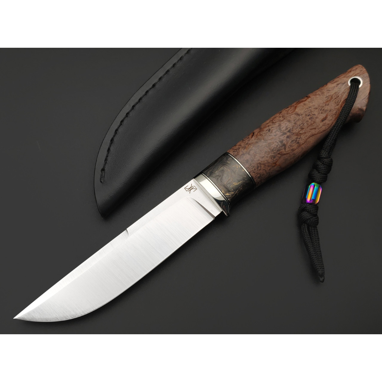 Кузница Ковчег нож Скаут сталь Elmax, рукоять стаб. Карельская берёза, Carbon fiber chaotic gold, мельхиор