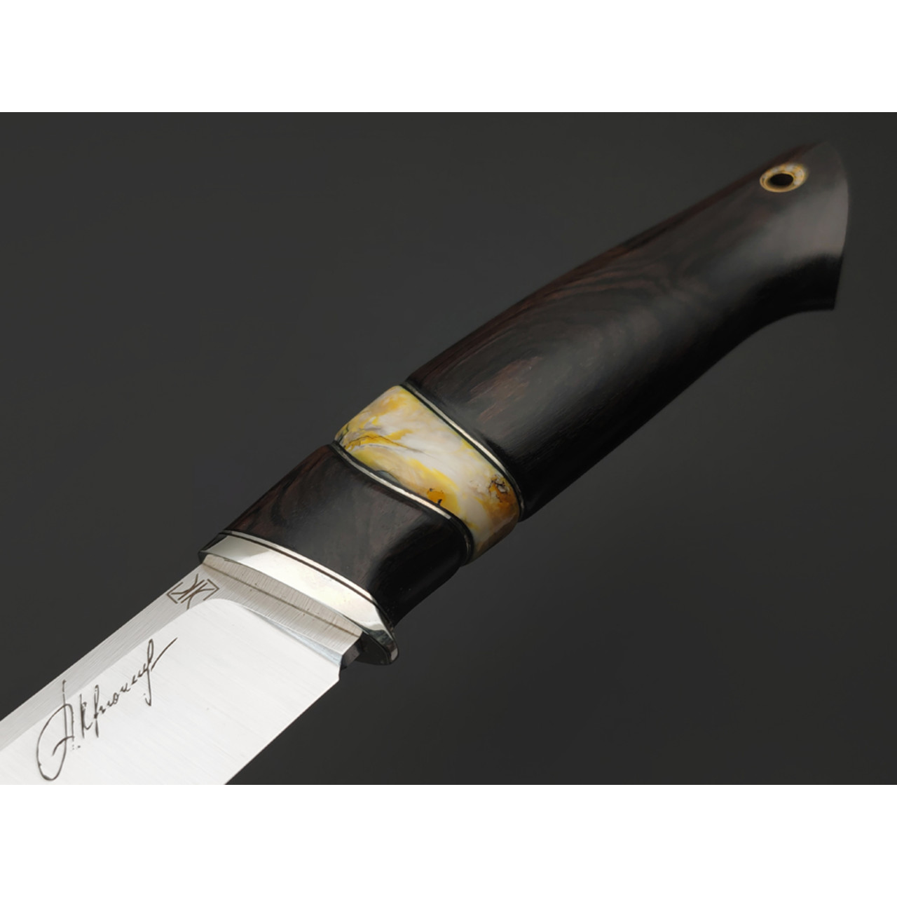 Кузница Ковчег нож Варяг сталь M398, рукоять Blackwood, зуб мамонта, мельхиор