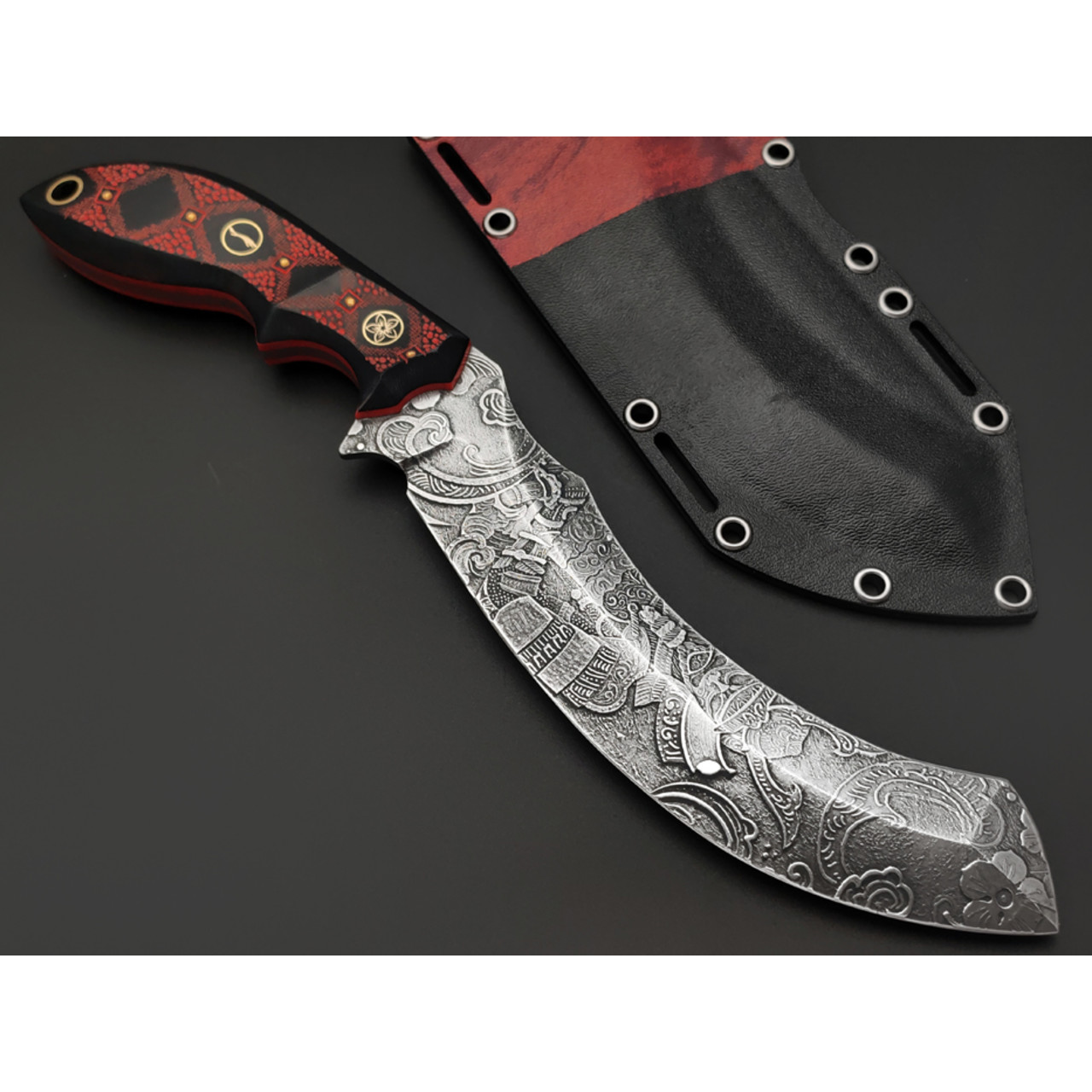 Волчий Век нож Кондрат 18 Custom сталь N690 WA худ. травление, рукоять G10 black & red, мозаичные пины