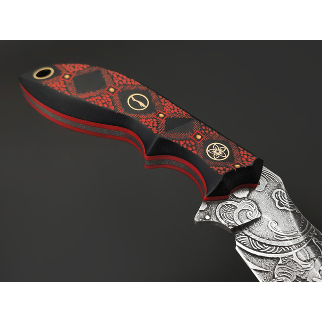 Волчий Век нож Кондрат 18 Custom сталь N690 WA худ. травление, рукоять G10 black & red, мозаичные пины