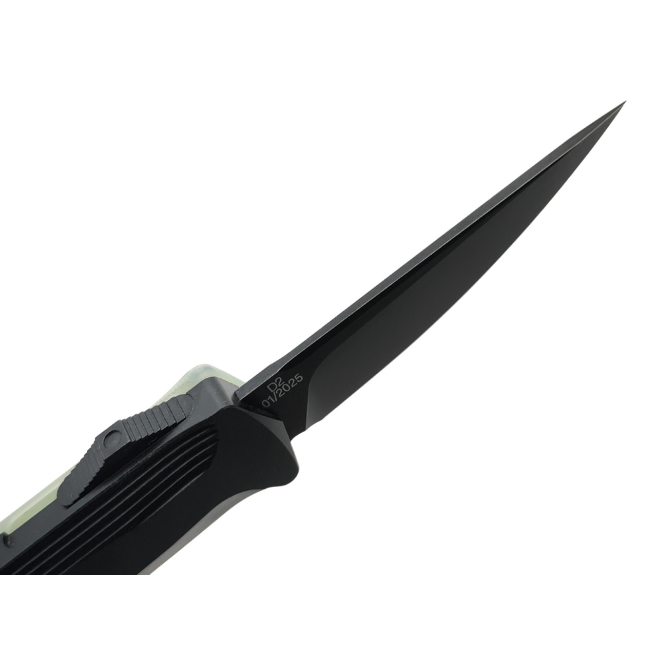 Daggerr нож автоматический Кощей Квайкен сталь D2 блэквош, рукоять Aluminum anodized Black, G10 jade