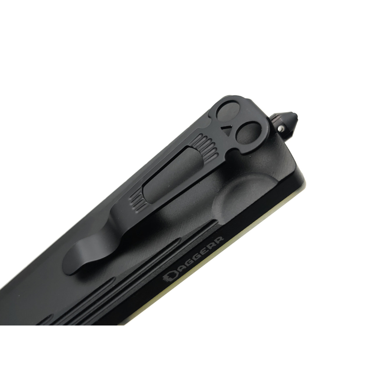 Daggerr нож автоматический Кощей Квайкен сталь D2 блэквош, рукоять Aluminum anodized Black, G10 jade