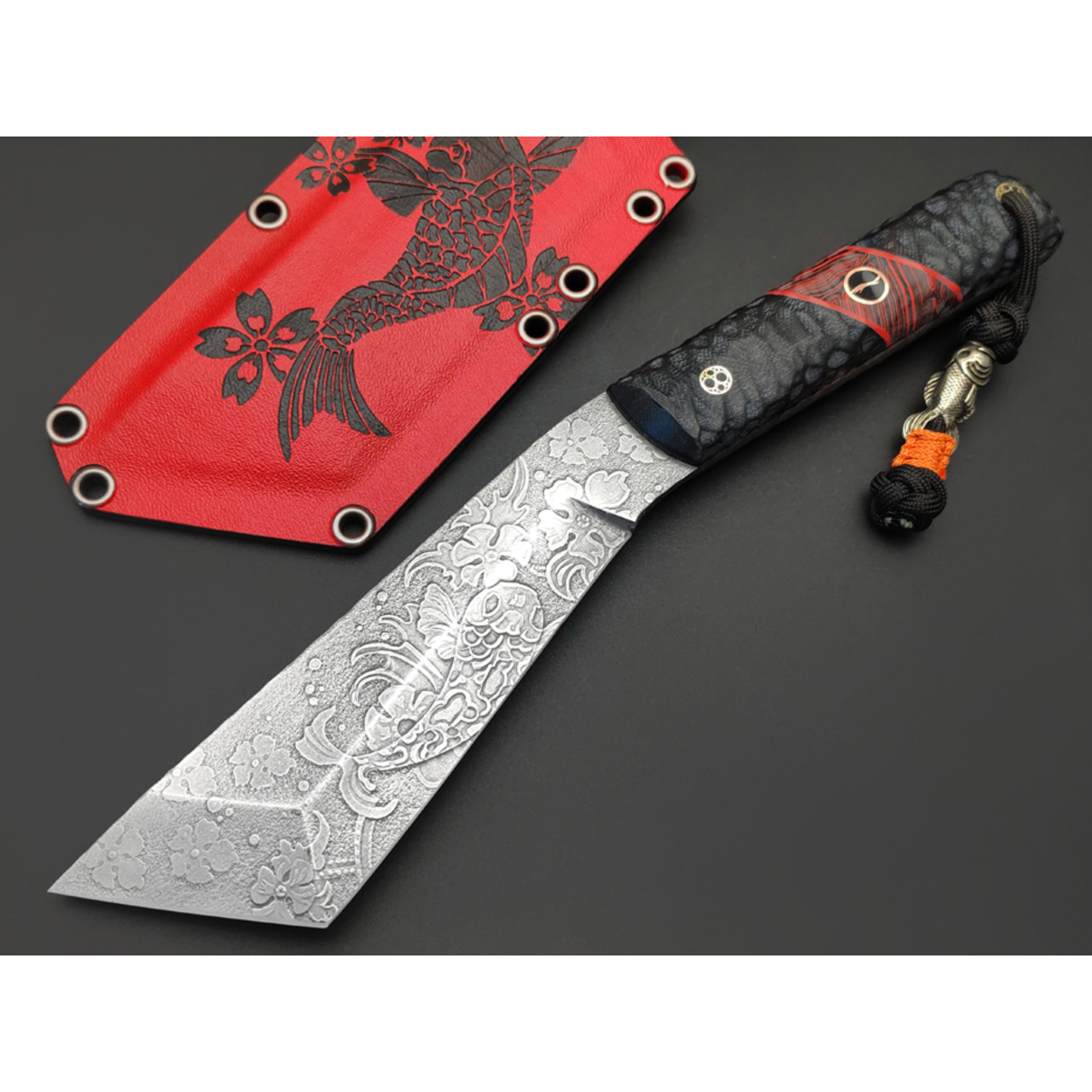Волчий Век нож НДК сталь N690 WA худ. травление, рукоять G10 black & red, мозаичные пины